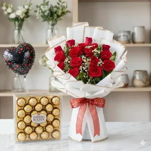 12 Beautiful Red Roses & 24 Ferrero Chocolate Bouquet | Davao Philippines