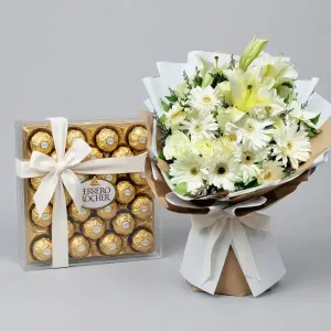 12 Beautiful White Roses W Lily & 24 Ferrero Chocolate Bouquet | Philippines