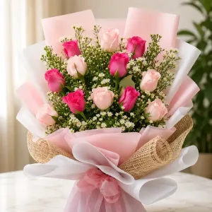 12 Pink & Dark Pink Roses Delivery Philippines | Roses & Aster Bouquet