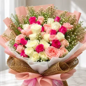 Piink & White Roses Delivery Philippines | Roses & Aster Bouquet